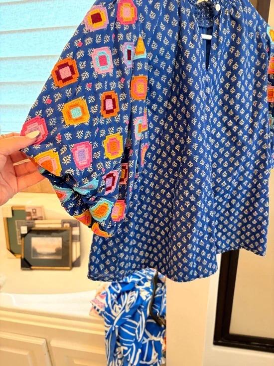 THML Royal Blue Embroidered Smocked-Neck Peasant Blouse - Picture 3 of 4